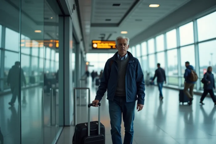 Voyageur dans un espace fumeur vitré de l'aéroport de Nantes avec poubelle cendrier et signalétique visible