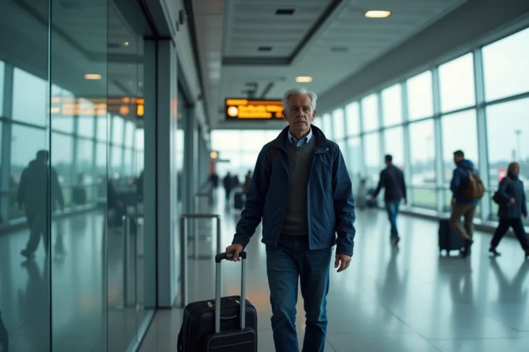 Voyageur dans un espace fumeur vitré de l'aéroport de Nantes avec poubelle cendrier et signalétique visible
