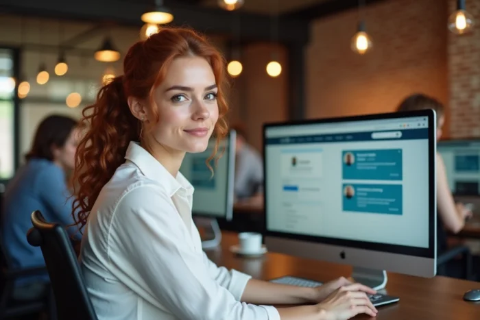 Jeune professionnelle gérant les paramètres et messages de son espace membre dans un espace de coworking