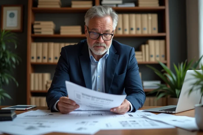 Expert immobilier masculin en costume marine examinant des documents d'expertise et d'évaluation dans son bureau professionnel