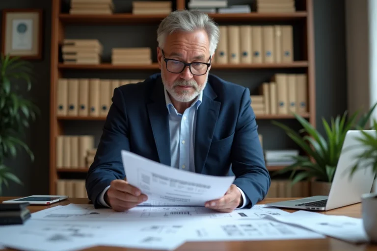 Expert immobilier masculin en costume marine examinant des documents d'expertise et d'évaluation dans son bureau professionnel