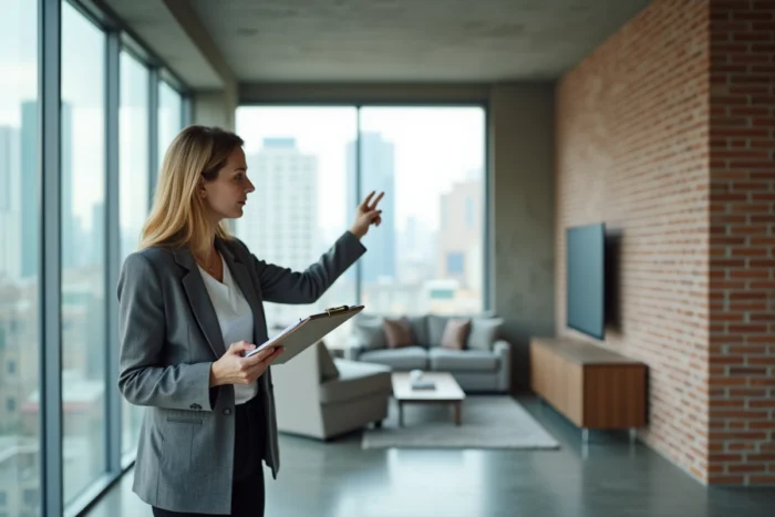 Experte immobilière réalisant une expertise sur site dans un appartement moderne avec vue urbaine, tenant un clipboard d'évaluation