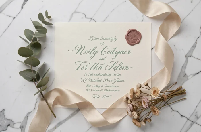 Flat-lay de faire-part de mariage calligraphiés, ruban en soie champagne et fleurs séchées sur marbre blanc