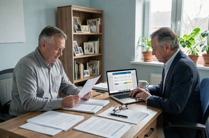 Famille comparant les tarifs et devis d'un service d'aide à domicile pour seniors sur un ordinateur portable