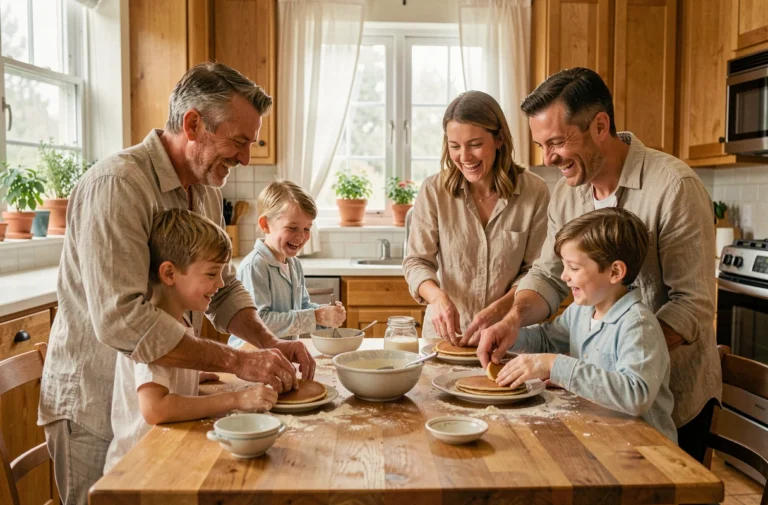 Famille heureuse préparant des crêpes ensemble dans une cuisine chaleureuse le matin