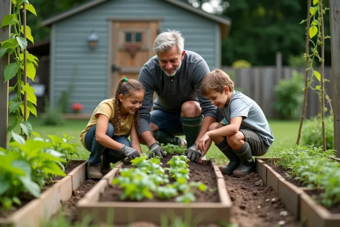 Père et adolescents jardinent ensemble dans le potager familial, apprenant à planter des semis