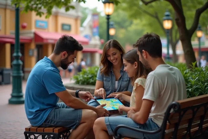 Famille en train de consulter un plan PDF du parc Disney sur tablette pour organiser leur journée de visite