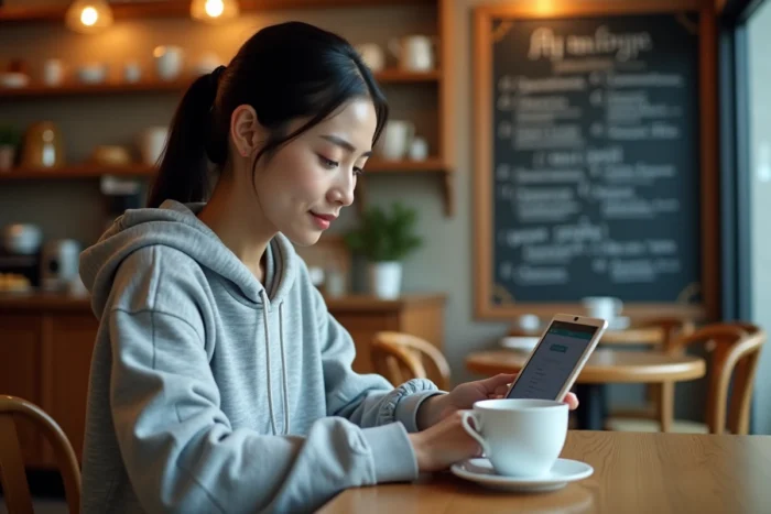 Femme accédant à une adresse de site de téléchargement sur une tablette dans un café