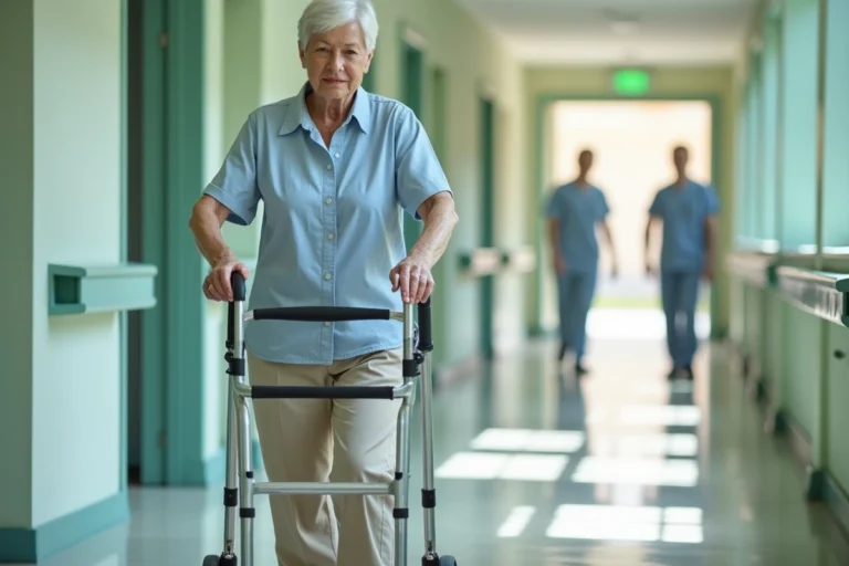 Femme âgée utilisant un déambulateur à quatre roues dans un couloir d'hôpital après une prothèse de hanche