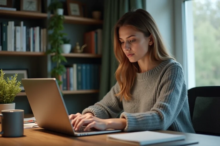Femme sceptique lisant des avis d'utilisateurs sur un ordinateur portable dans un bureau moderne