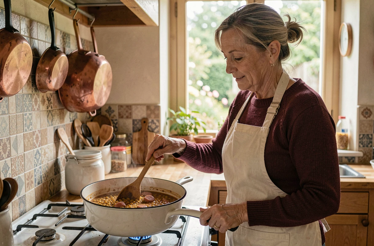 Femme cuisinant un mijoté de saucisses aux lentilles dans une cuisine provinciale française traditionnelle