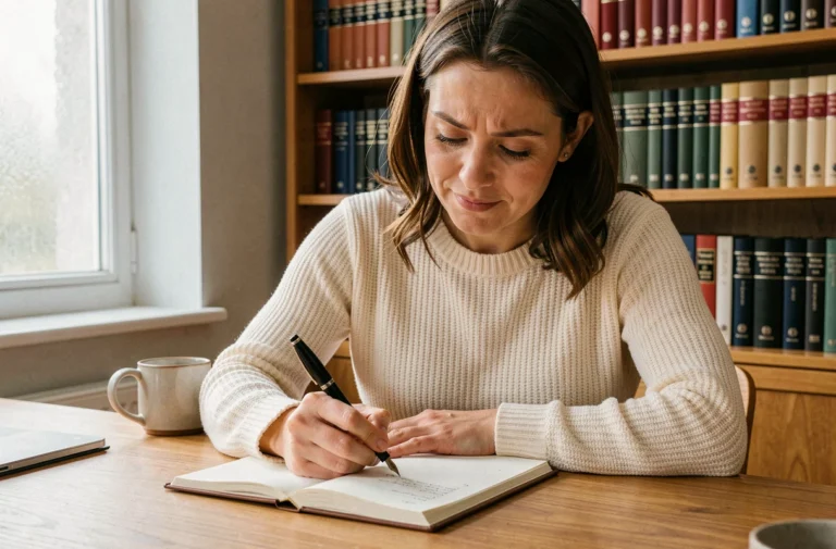 Femme concentrée écrivant dans un carnet avec un stylo plume, entourée de livres de grammaire, illustrant la révision des règles orthographiques