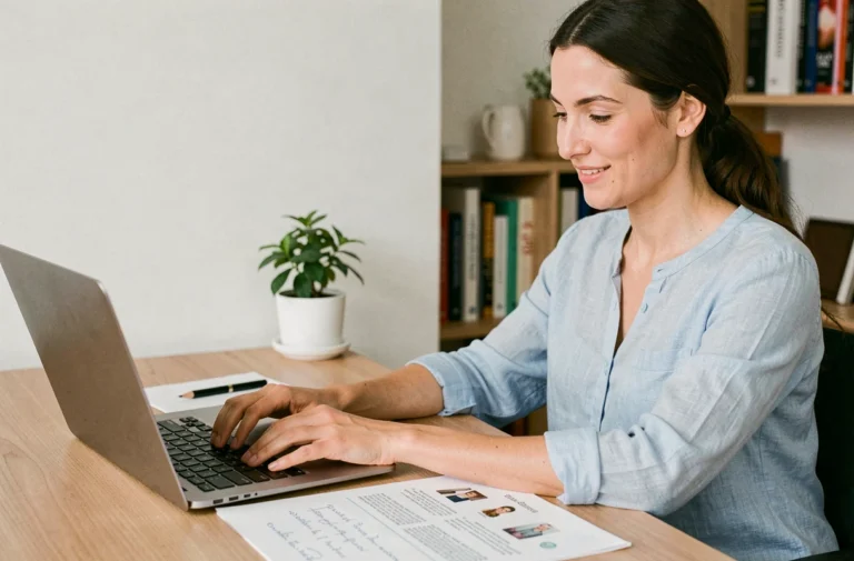 Femme entrepreneur rédigeant une annonce en ligne sur son ordinateur portable dans un bureau à domicile moderne