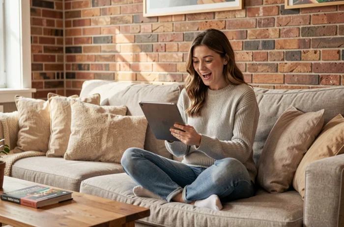 Femme souriante explorant des jeux en ligne sur une tablette dans un salon confortable