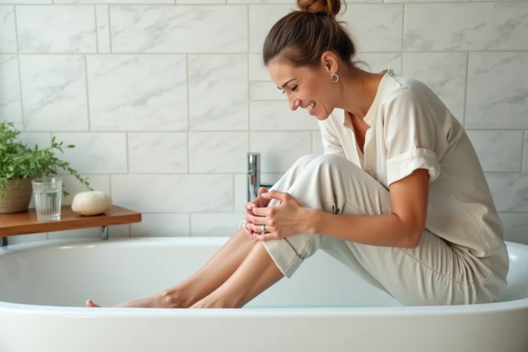 Femme soulageant ses jambes lourdes en se massant les mollets au bord d'une baignoire avec un verre d'eau minérale posé à côté