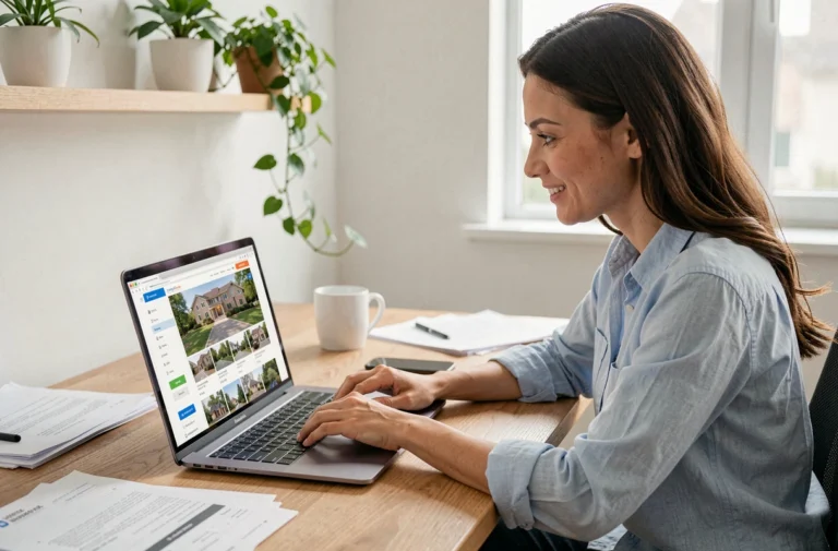 Femme consultant un site immobilier sur son ordinateur portable dans un bureau à domicile moderne