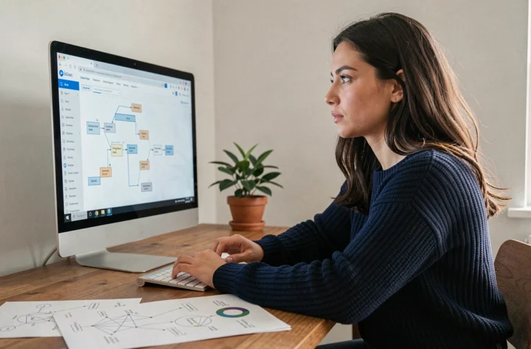 Femme naviguant un sitemap de site web sur un écran d'ordinateur dans un bureau à domicile moderne