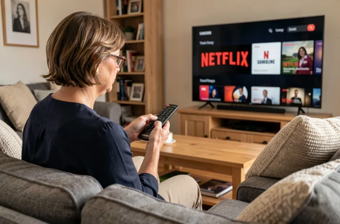 Femme naviguant sur le Smart Hub Samsung pour télécharger l'application Netflix