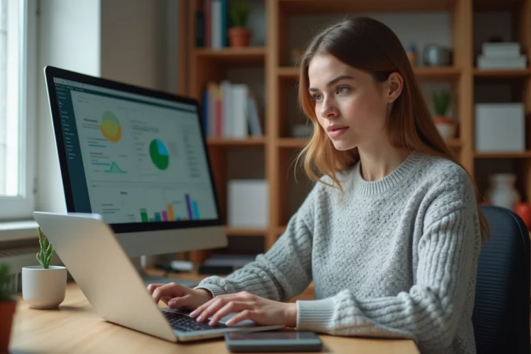Femme utilisant des outils bureautiques gratuits sur un ordinateur portable dans un bureau à domicile moderne