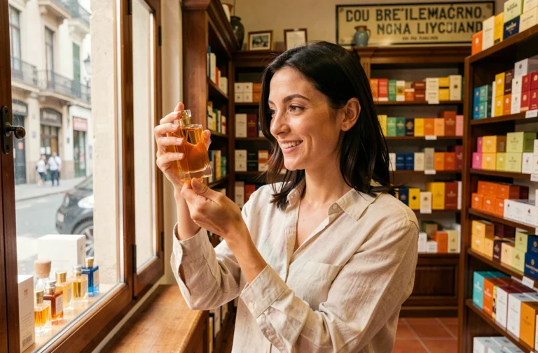Femme tenant un flacon de parfum dans une parfumerie espagnole traditionnelle à Barcelone, rayons colorés en arrière-plan