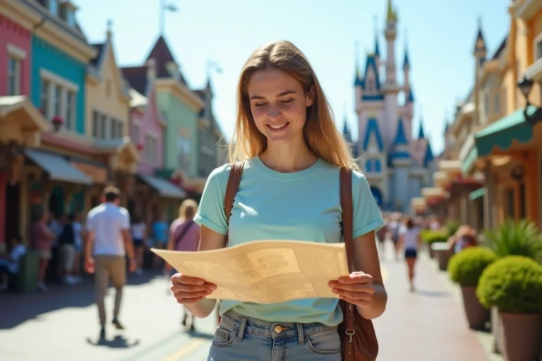Jeune femme consultant un plan papier du parc Disneyland à l'entrée du parc lors de sa visite