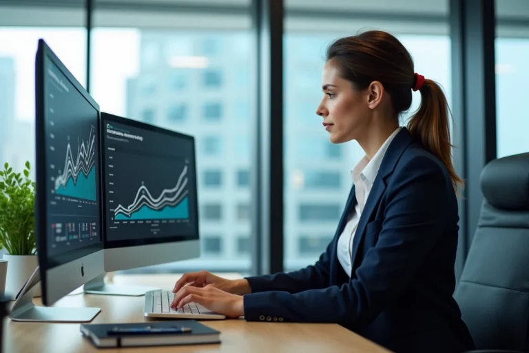 Femme professionnelle analysant des tableaux de bord d'analytics digitaux dans un bureau moderne pour booster la visibilité d'une entreprise