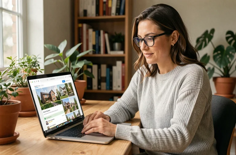 Femme consultant un portail immobilier innovant sur son ordinateur portable dans un bureau à domicile chaleureux