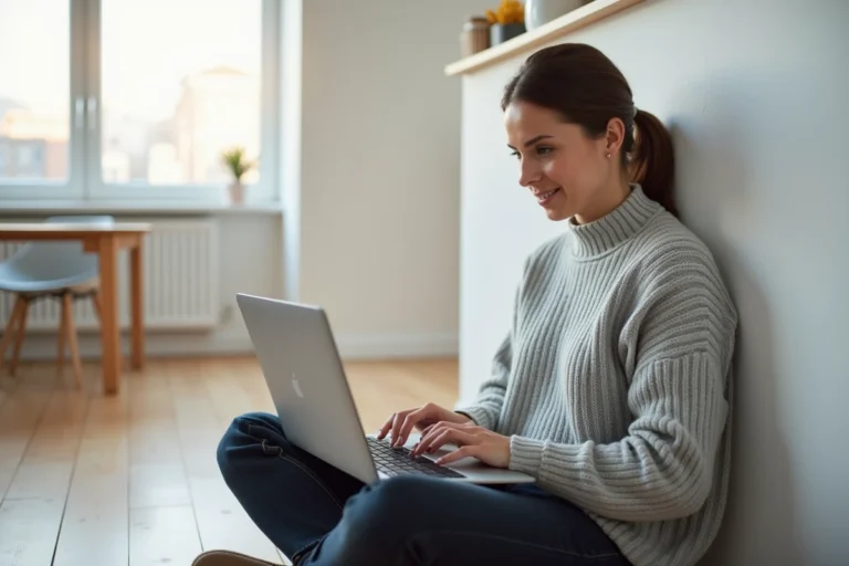 Femme cherchant un logement en ligne sur son ordinateur portable, offres de location immobilière