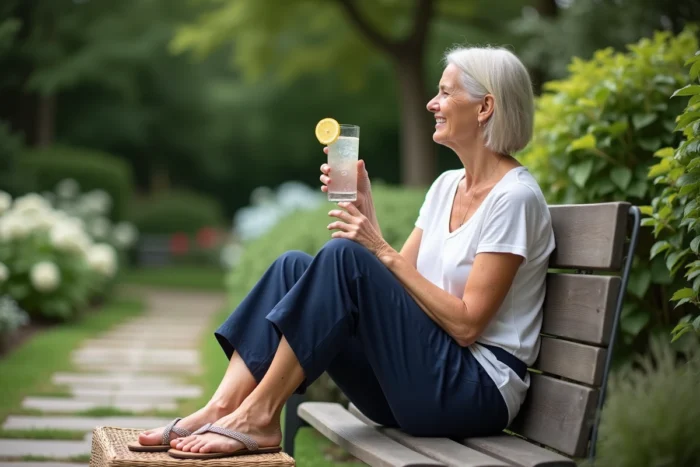 Femme âgée en extérieur se reposant les jambes surélevées avec un verre d'eau pour soulager les varices et la sensation de jambes lourdes