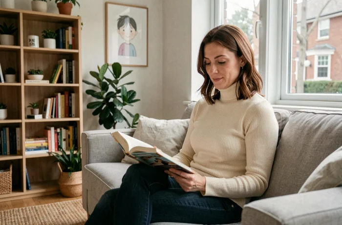 Femme lisant dans un salon familial contemporain, décor intérieur chaleureux et vie privée