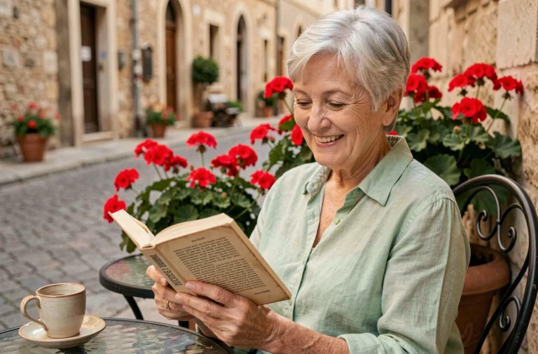 Femme senior souriante lisant un livre en terrasse de café, illustration de la vie épanouie à la retraite