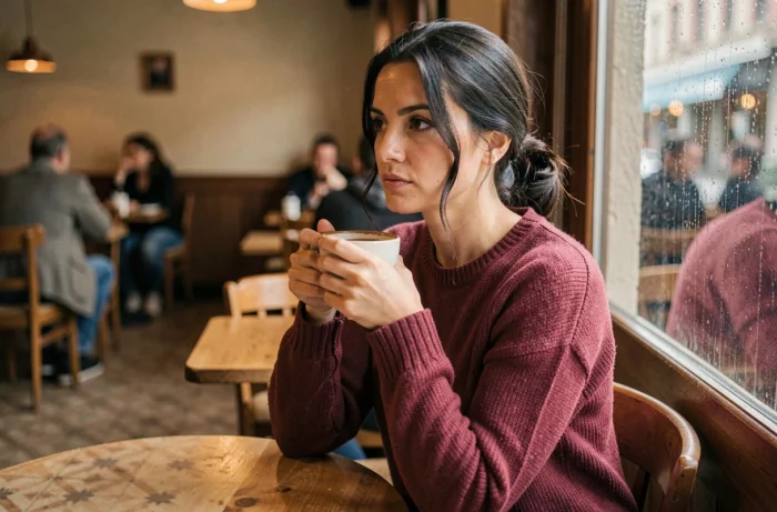 Une femme seule dans un café parisien, pensive devant la fenêtre sous la pluie, évoquant la solitude après une rupture amoureuse