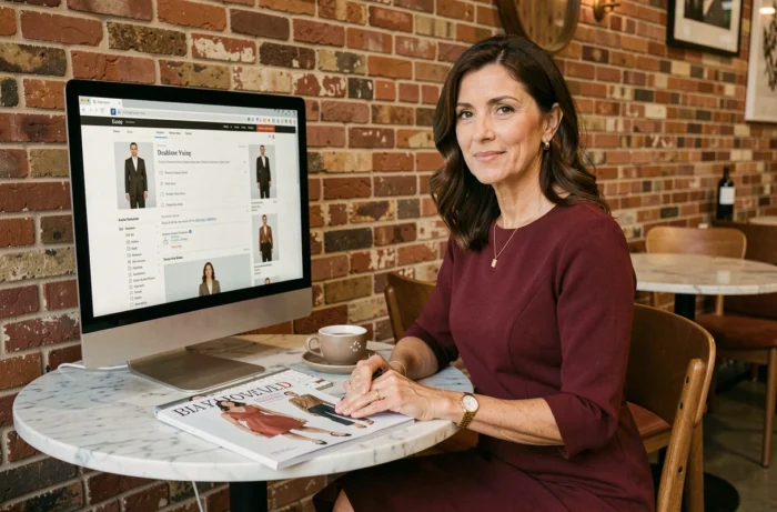 Femme explorant la structure de navigation sitemap d'un site de mode sur un ordinateur dans un café urbain