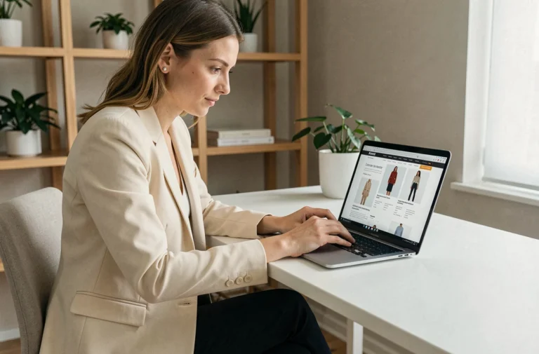 Femme consultant la page sitemap d'un site de mode sur son ordinateur portable dans un bureau minimaliste moderne