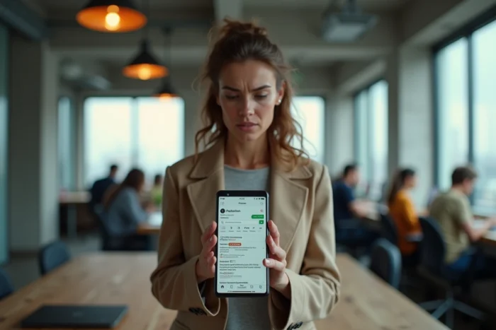 Femme frustrée consultant des résultats de recherche avec des avertissements sur son smartphone dans un espace de coworking