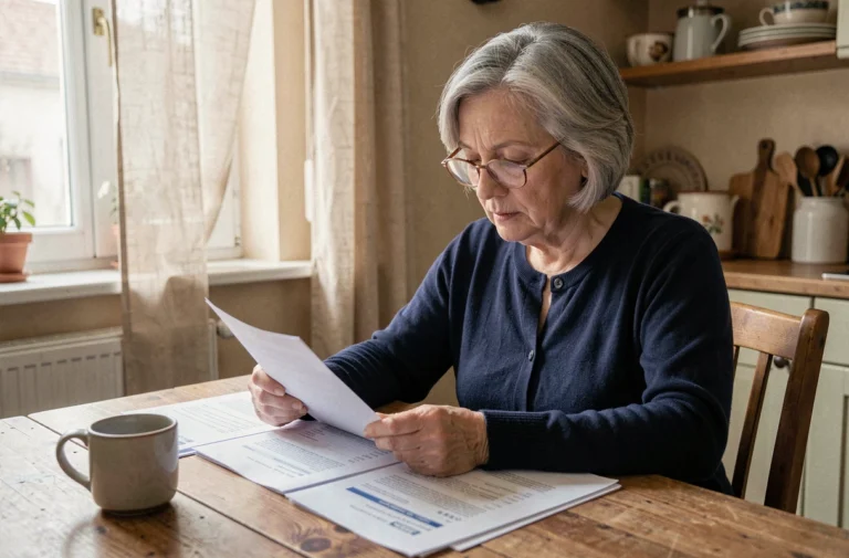 Femme vérifiant le versement de sa pension invalidité sur des documents officiels à la maison