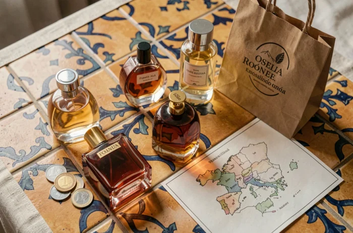 Flacons de parfum sur carrelage espagnol Talavera avec pièces en euros et carte de l'Espagne, bon plan voyage