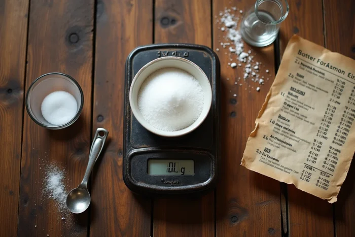 Vue en plongée d'une balance vintage avec 100g de sucre, verre doseur et tableau de conversion grammes en litres