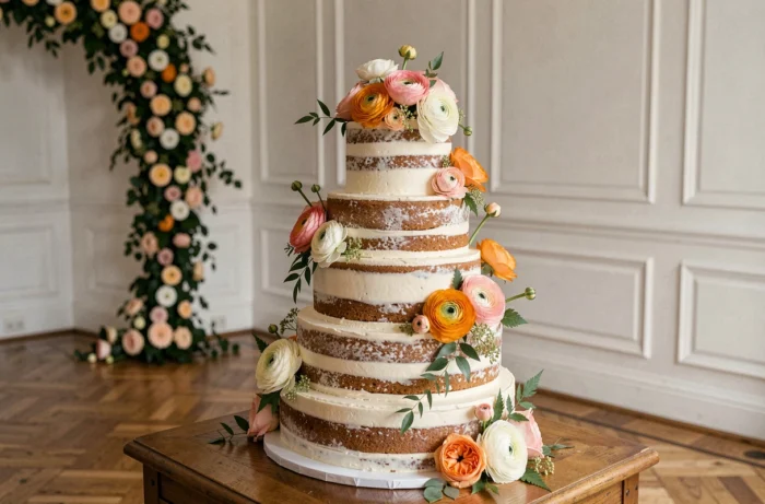 Gâteau de mariage naked cake à cinq étages décoré de fleurs fraîches dans une salle de réception vintage
