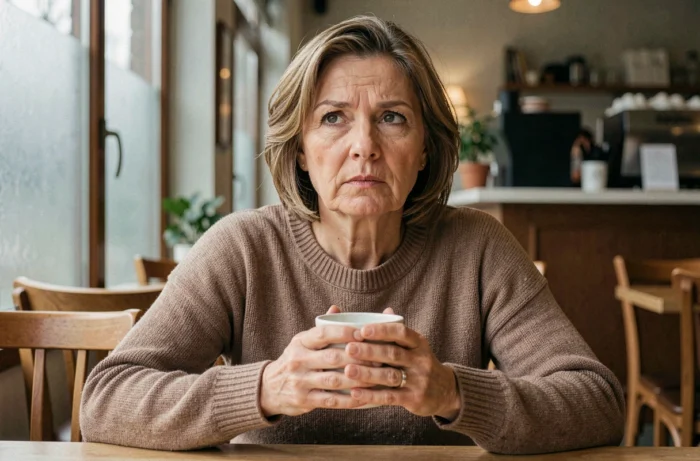 Femme réfléchissant à la gestion de personnes difficiles dans sa vie quotidienne, assise seule dans un café