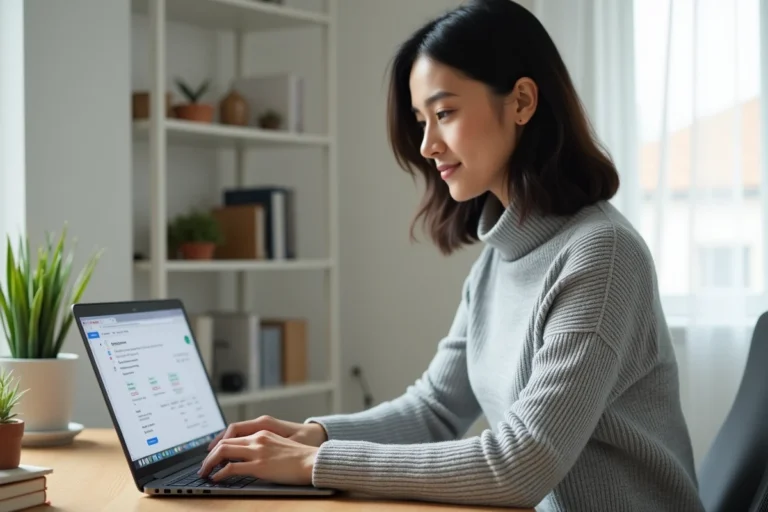 Femme gérant son espace membre en ligne depuis un ordinateur portable dans un bureau à domicile