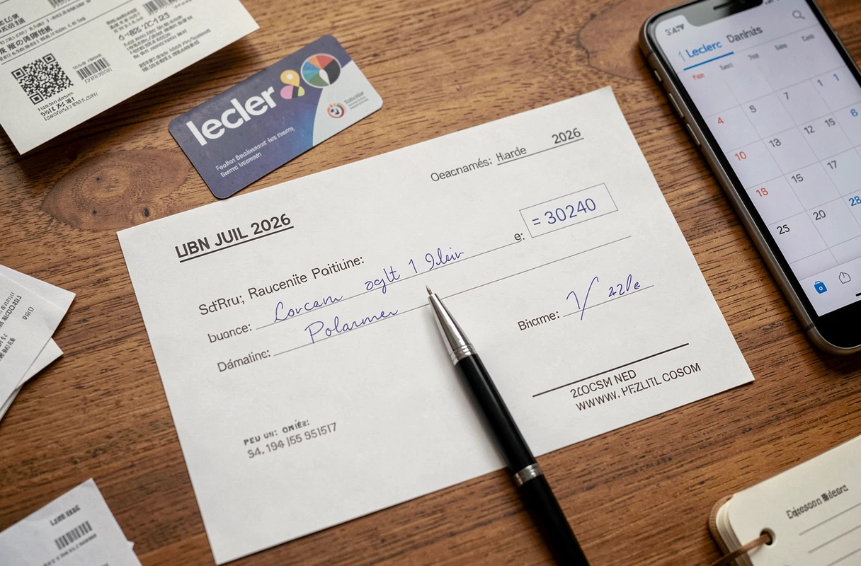 Gros plan d'un chèque différé Leclerc daté de juillet 2026 avec carte de fidélité et calendrier sur un bureau en bois