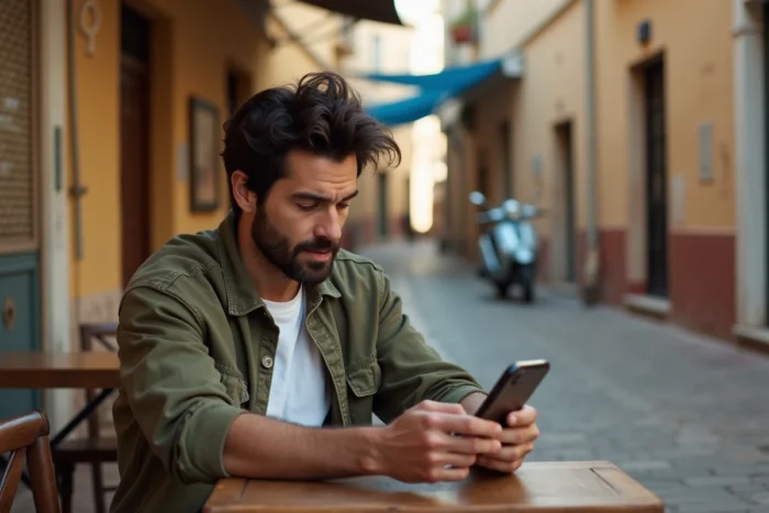 Homme déçu consultant son téléphone dans une ruelle d'Ibiza après l'annulation de la saison 2 de White Lines