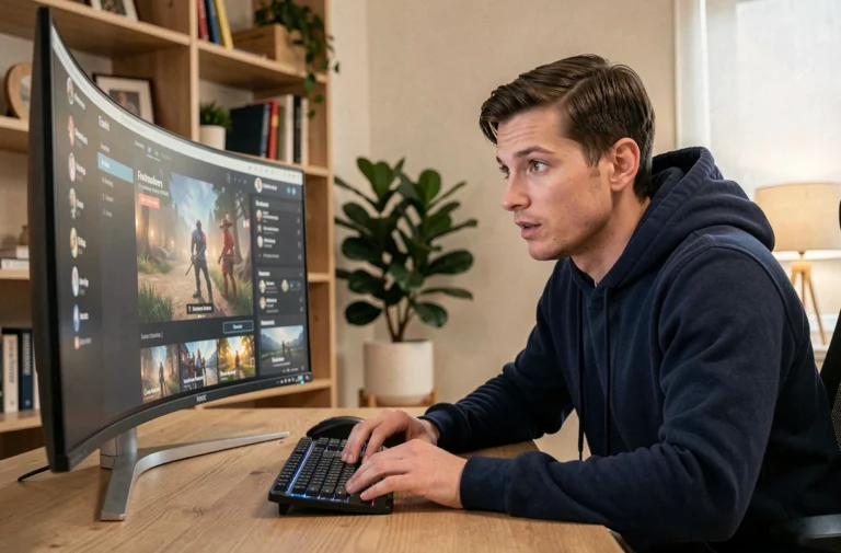Homme concentré choisissant un jeu en ligne sur son ordinateur dans un bureau moderne