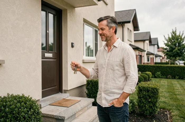 Homme tenant les clés de sa nouvelle maison devant la façade d'un pavillon résidentiel