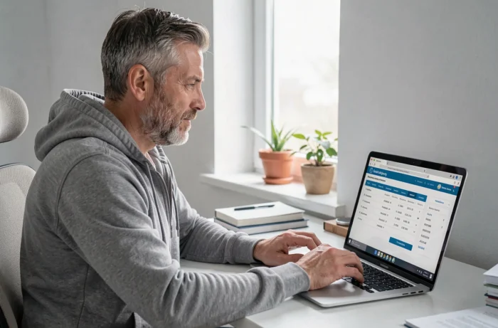 Homme consultant le versement de sa pension invalidité sur un ordinateur portable