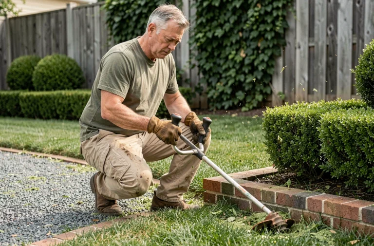 Homme utilisant un coupe-bordure thermique le long d'une bordure en brique dans un jardin soigné