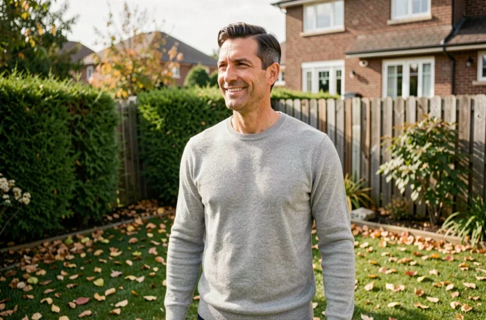 Homme souriant dans un jardin familial en automne, ambiance vie privée et quotidien