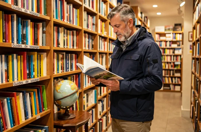 Homme consultant un guide de voyage dans une librairie spécialisée en voyages