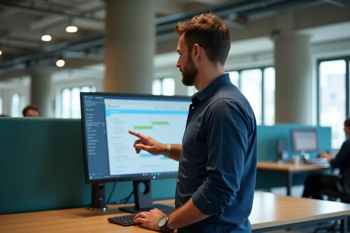 Homme travaillant sur des logiciels de bureautique gratuits dans un espace de coworking moderne